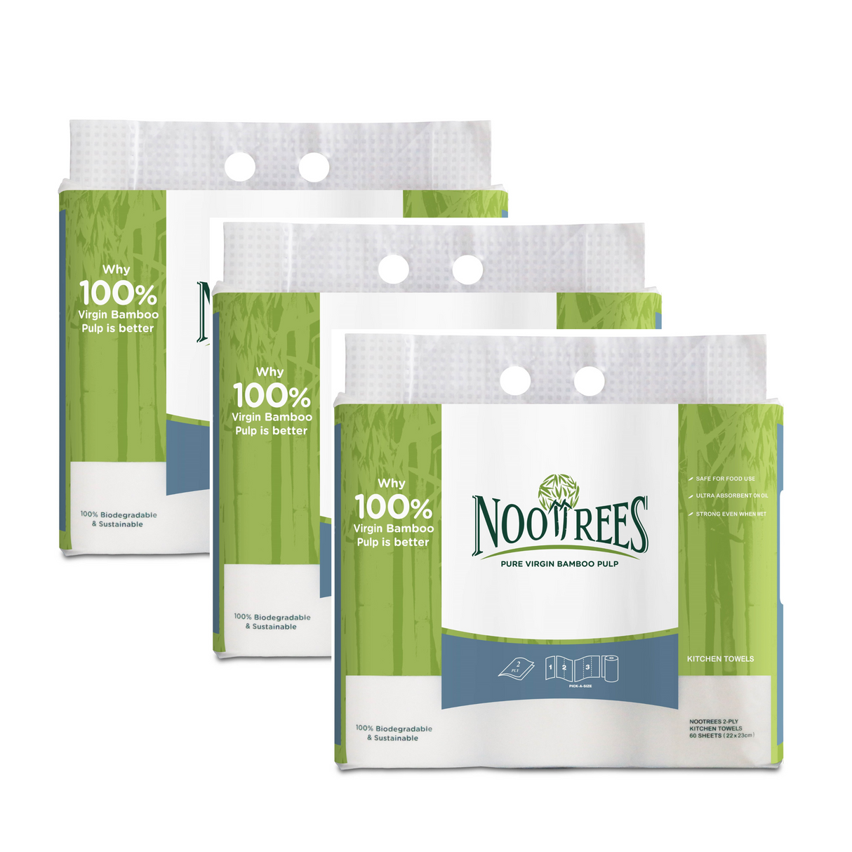 NooTrees Bamboo 2-ply Kitchen Towel (3 Rolls x 60 Sheets)
