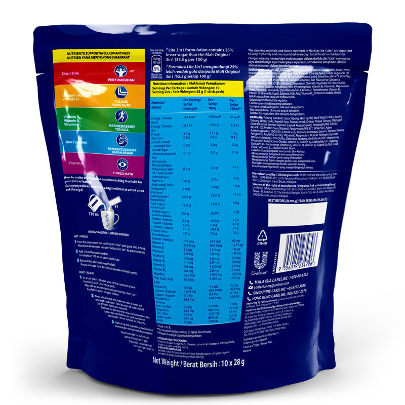 Horlicks 3in1 Instant Malted Drink - Lite (10 sachets)