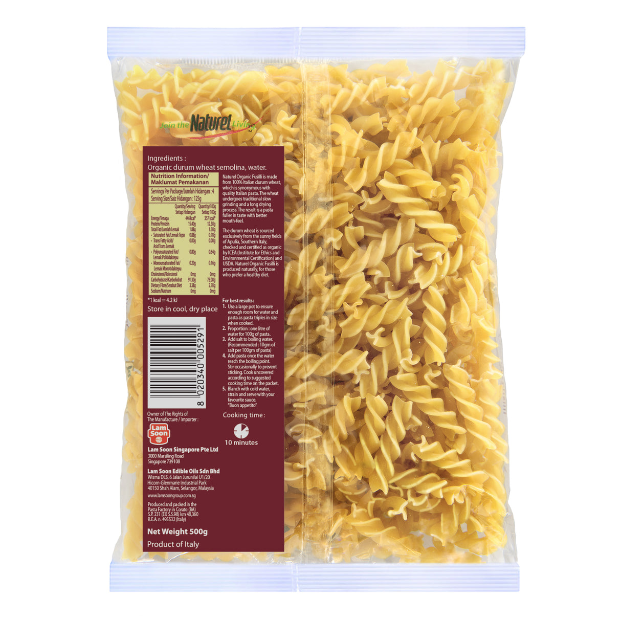 Naturel Organic Durum Wheat fusilli pasta 