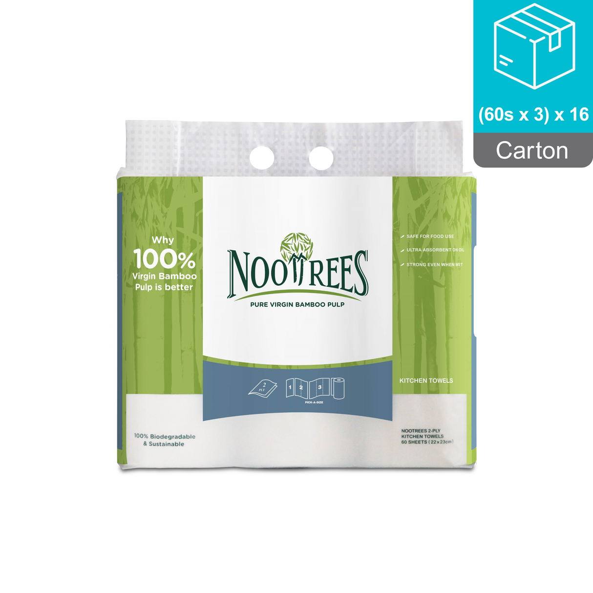 [Carton] NooTrees Bamboo 2-ply Kitchen Towel (3 Rolls x 60 Sheets) x 16