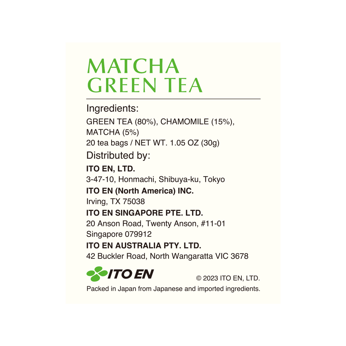 Ito En Matcha Green Tea Chamomile Tea Bags 20's
