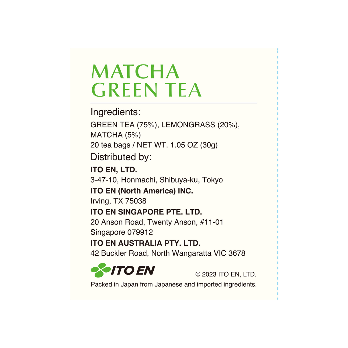 Ito En Matcha Green Tea Lemongrass Tea Bags 20's