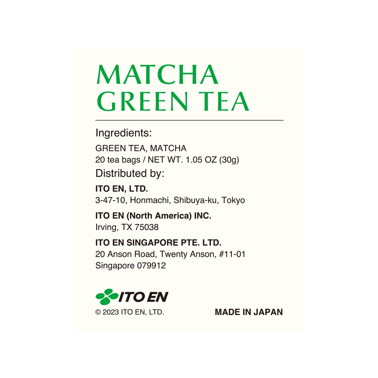 Ito En Matcha Green Tea Traditional Tea Bags 20's