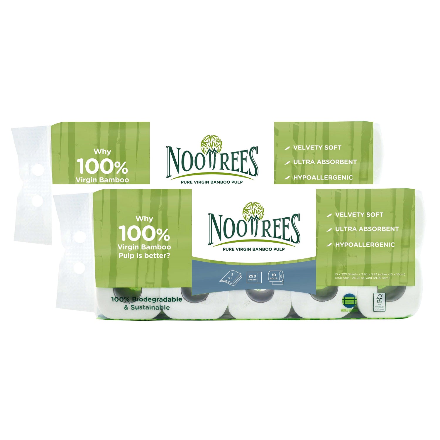 NooTrees Bamboo 3-ply Bathroom Rolls (10 Rolls x 220 Sheets)